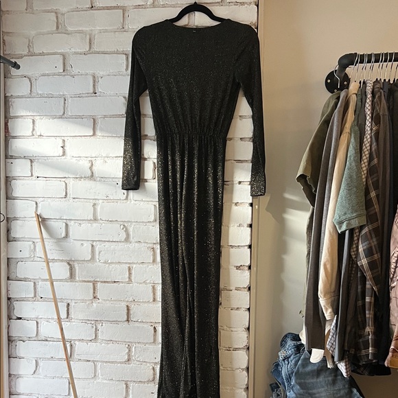 Black Sparkle Long Sleeve Wrap Maxi Dress flare leg sparkly - Picture 8 of 8